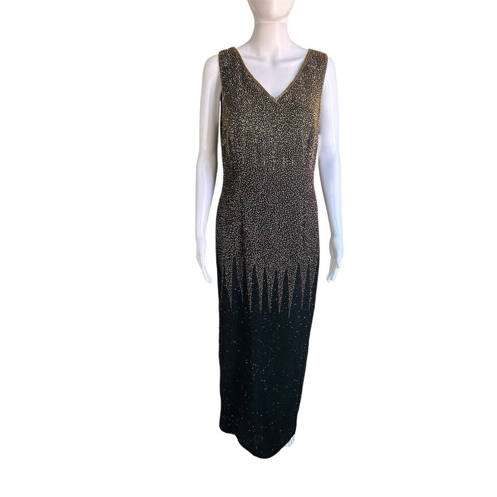 Vintage Jewel Queen Silk Beaded Evening Gown Dress Black Gold Formal NWT 10